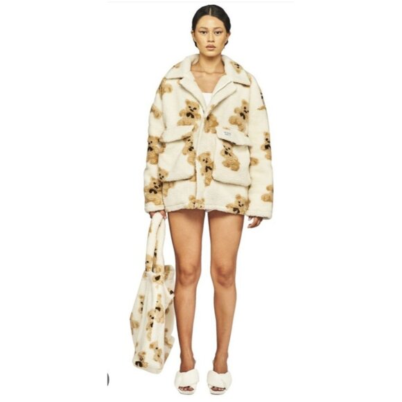 My Mum Made It Teddy Bear Sherpa Jacket Beige Brown Plush Fleece Coat Oversized - Picture 1 of 15